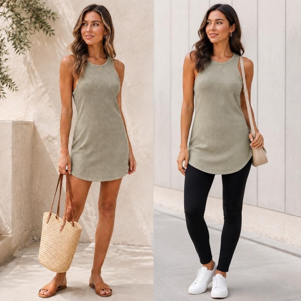 Hashttag In Trend Women's S Sage Waffle Knit Mini Dress Tunic Top USA Beachy
